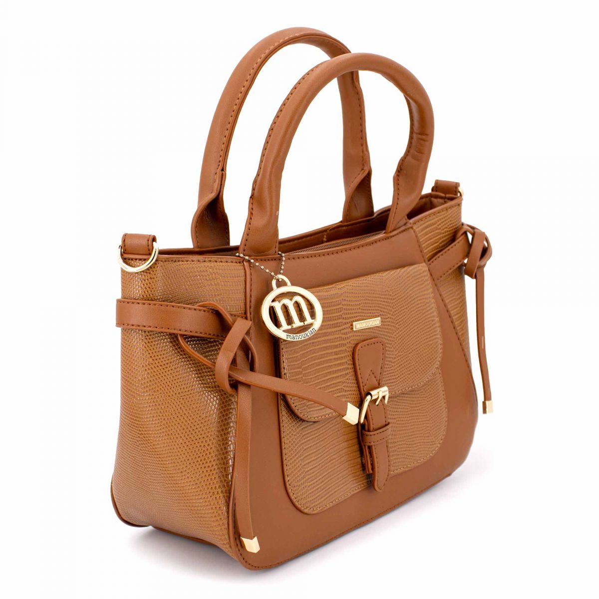 Sac à main motif croco avec décoration logo doré Eva chataigne Femme