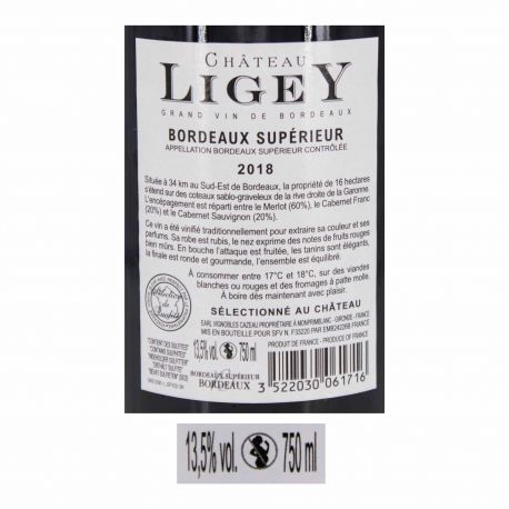 vin rouge Aoc bordeaux supÉrieur 75cl 2018 chÂteau ligey marque pas cher prix dégriffés destockage