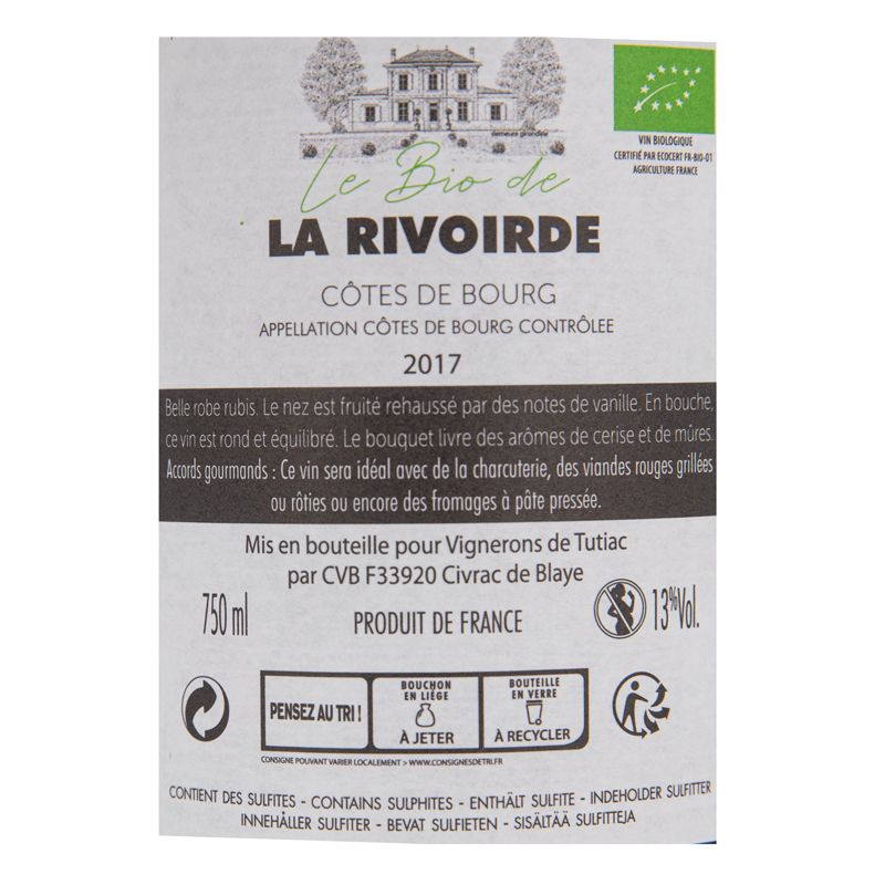 Aoc cotes de bourg rouge bio 2017 le bio de la rivoirde 75cl ar12849 Mixte LA RIVOIRDE