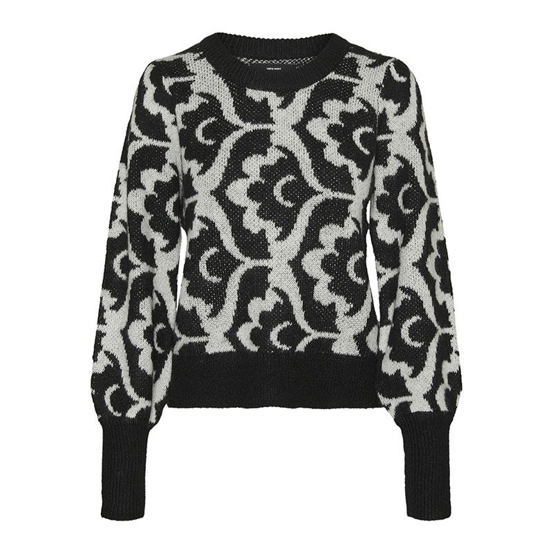 Pull birch white black flower vmtari ls o-neck jacquard 10310726 Femme VERO MODA