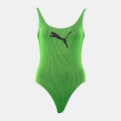 Maillot de bain une pièce à rayures vert fluo logo noir Femme PUMA Maillot de bain une pièce à rayures vert fluo logo noir Femme PUMA