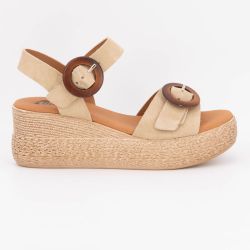 Sandales noires compensées en cuir double boucle bois Femme BIOSTOCK
