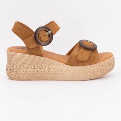 Sandales noires compensées en cuir double boucle bois Femme BIOSTOCK