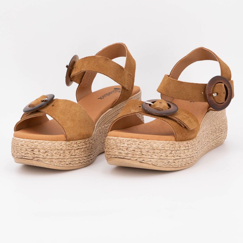 Sandales noires compensées en cuir double boucle bois Femme BIOSTOCK