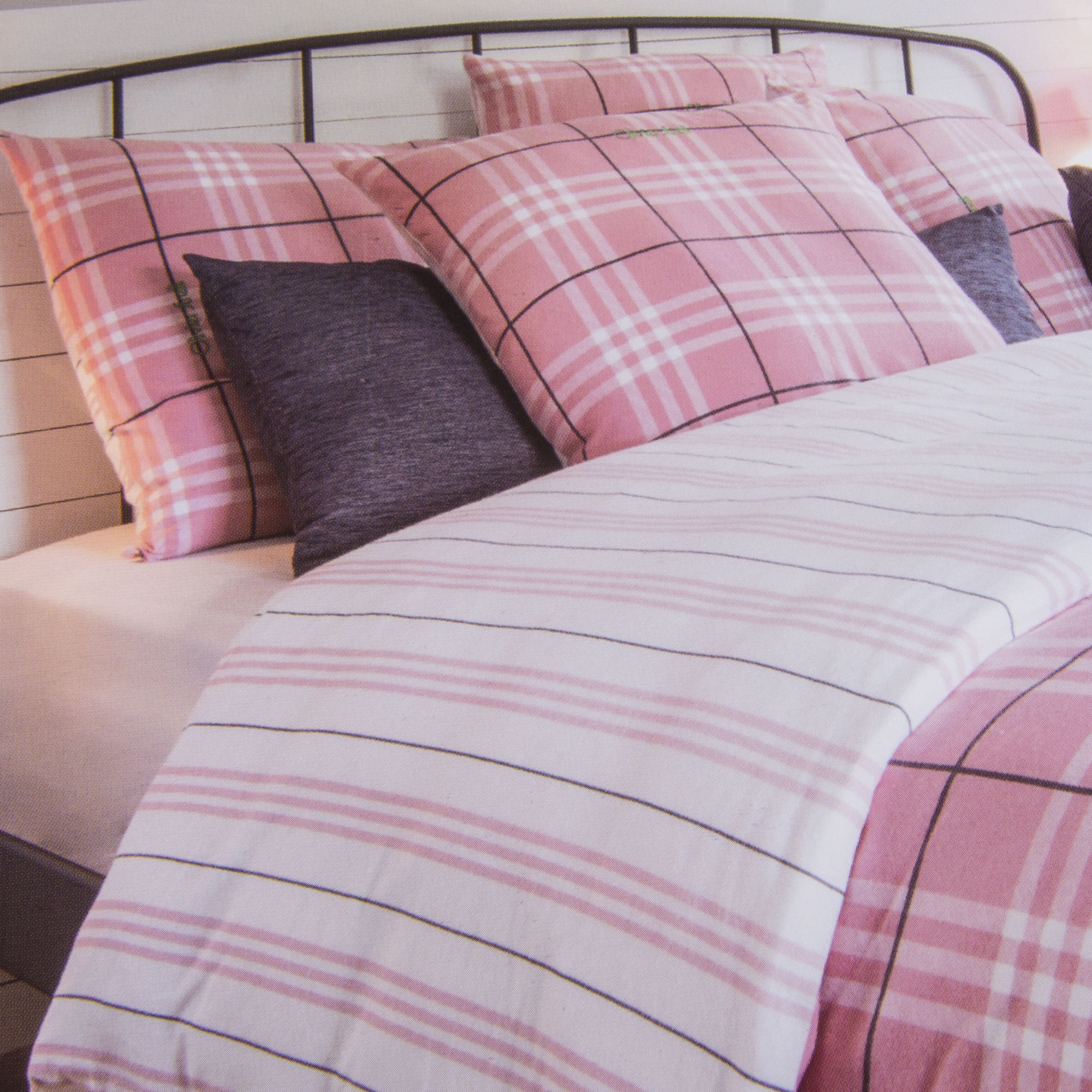 Parure en flanelle housse de couette rose à carreaux 240x220 cm