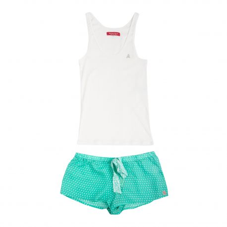 Ensemble Pyjama débardeur blanc short vert à pois Femme ...